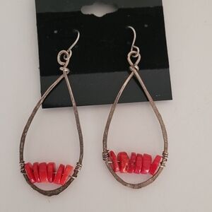 Wire Wrapped Hammered Silver Coral Disc Dangle Earrings